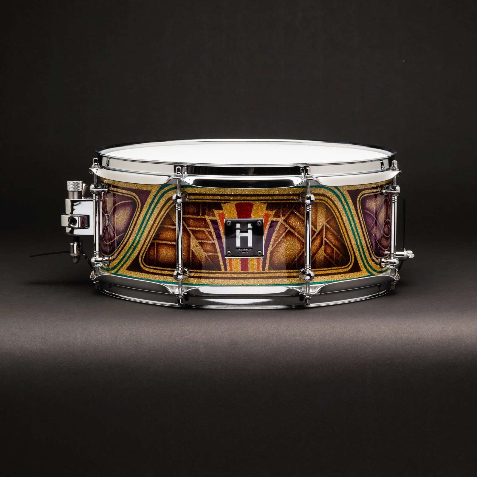 The Art Deco Lowrider snare drum, custom painted with real crushed glass in the finish
